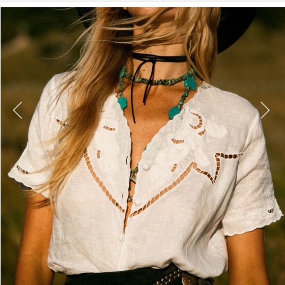 C Unicorn not alone anymore linen cut work white short sleeve embroidered blouse - Picture 4 of 10